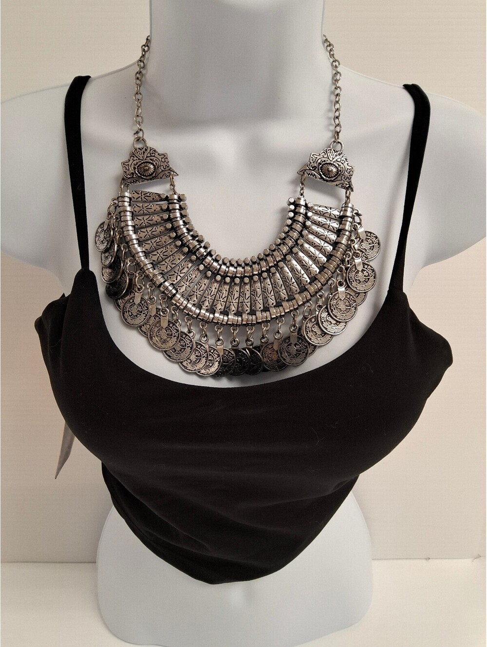 Bohemian Silver Tone Coin Fringe Statement Bib Necklace